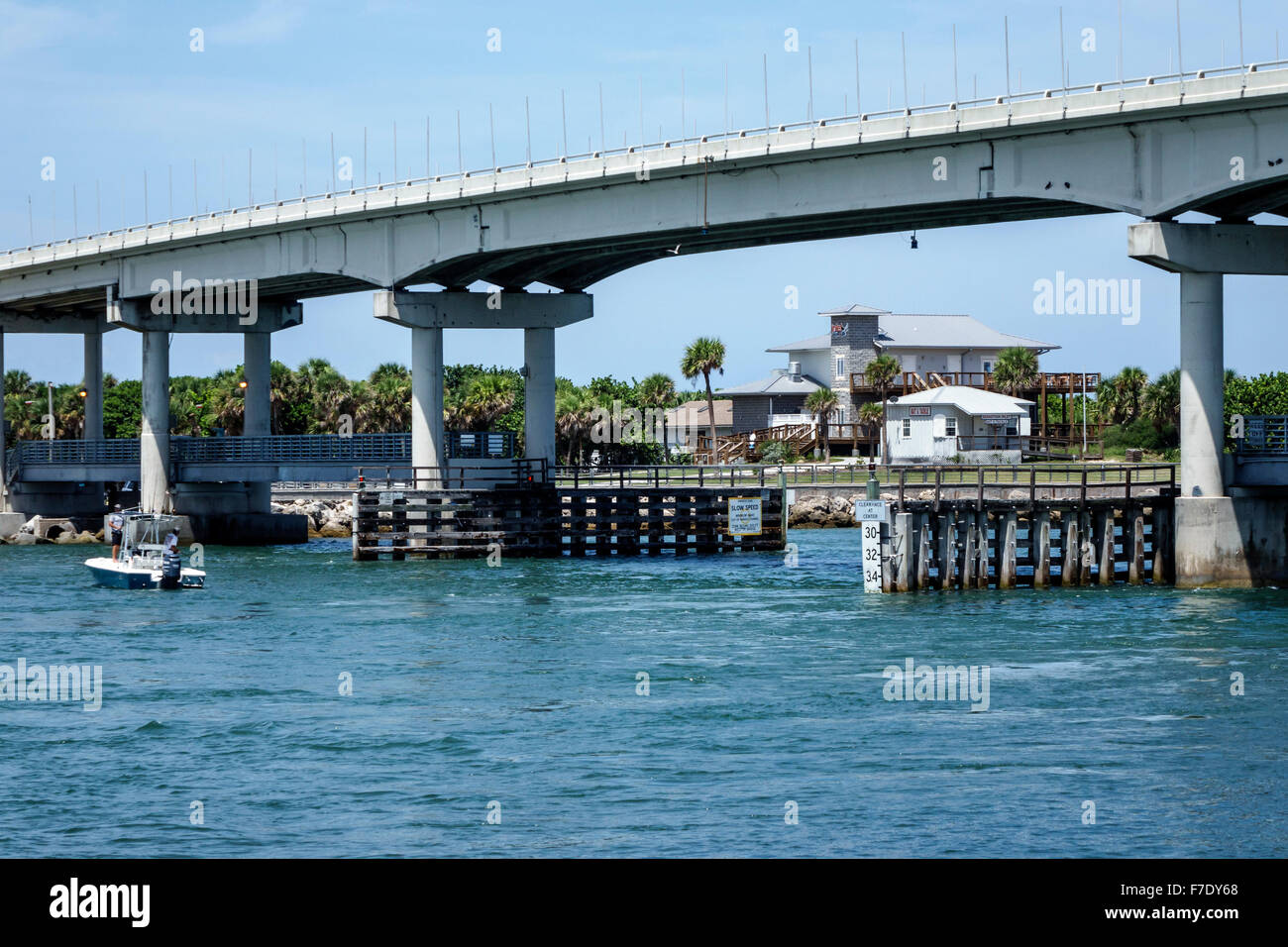 Florida North Beach,Sebastian Inlet water State Park,Indian River water Lagoon,boat,fisherman,fishing,highway Route A1A Bridge,visitors travel traveli Stock Photo