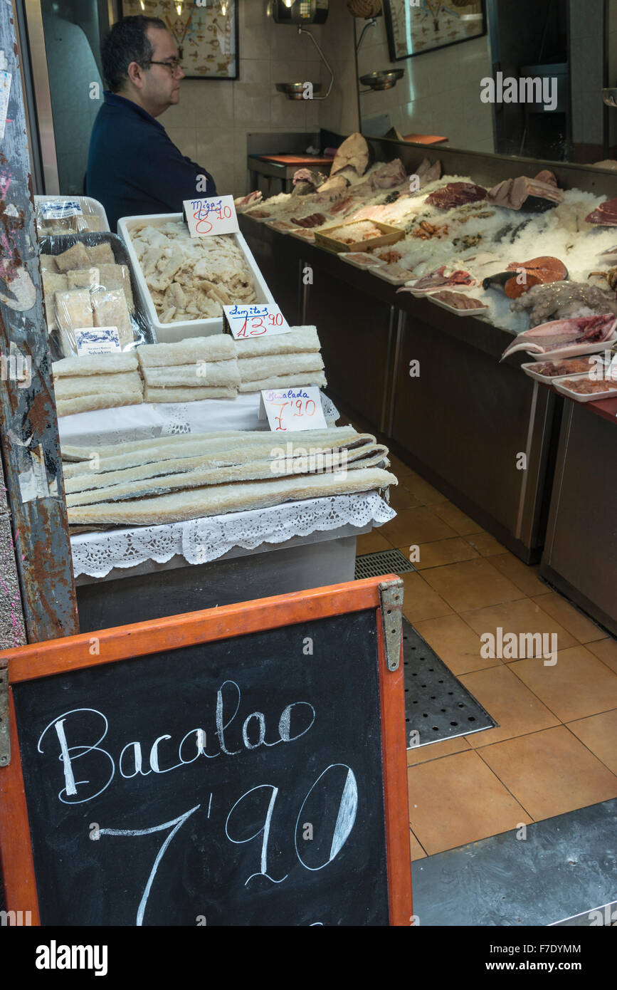 Bacalao, dried cod, for sale in a fishmongers shop in the Malasaña