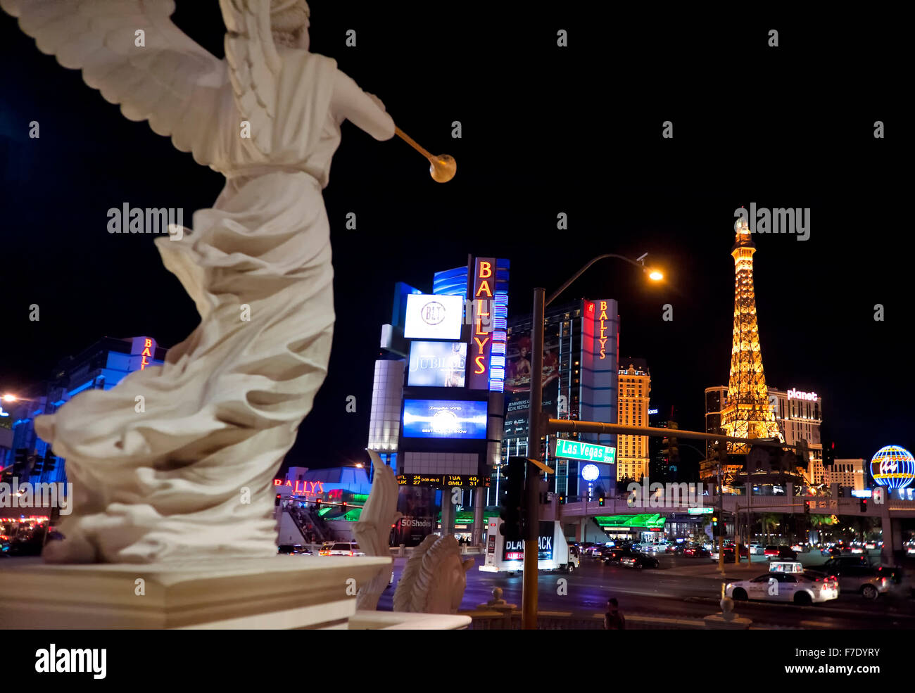 Las Vegas skyline from Caesars Palace with trumpeting angel sculpture in the foreground Stock Photo