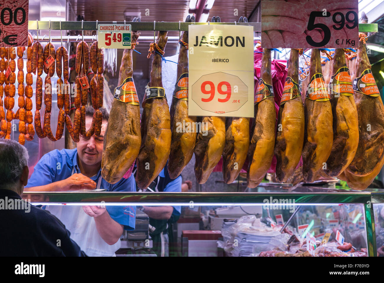 Hi quality cured hams, Jamon Iberico, in the Mercardo de Maravillas, one of the largest food