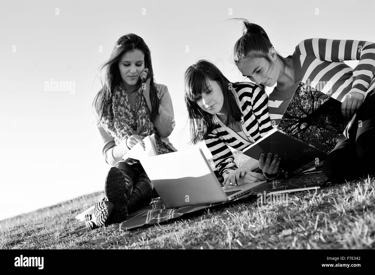 group of teen girl woman outdoor have fun and study homework on laptop computer Stock Photo