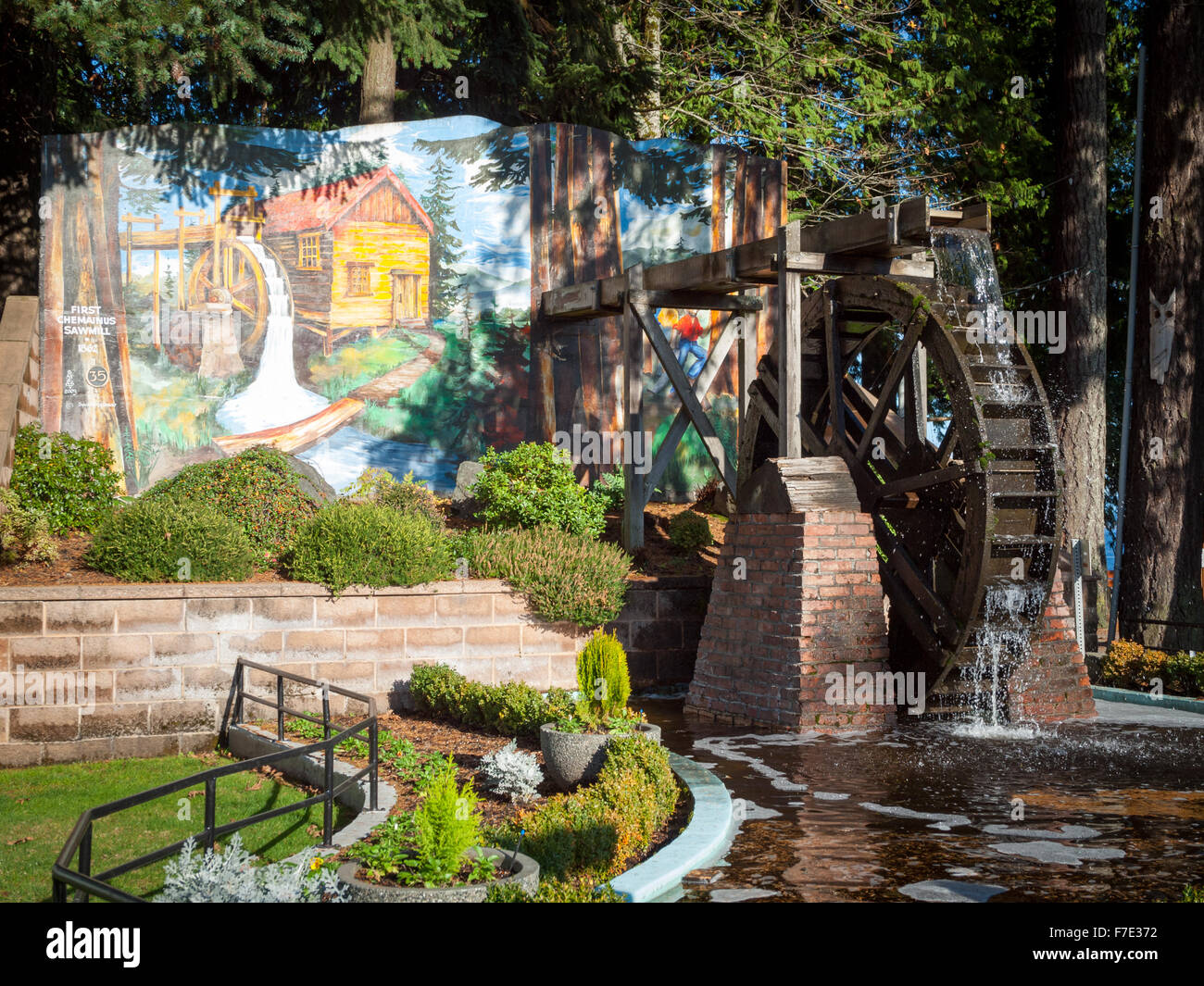 The Waterwheel and the mural, First Chemainus Sawmill 1862 (by Sylvia Verity Dewar) at