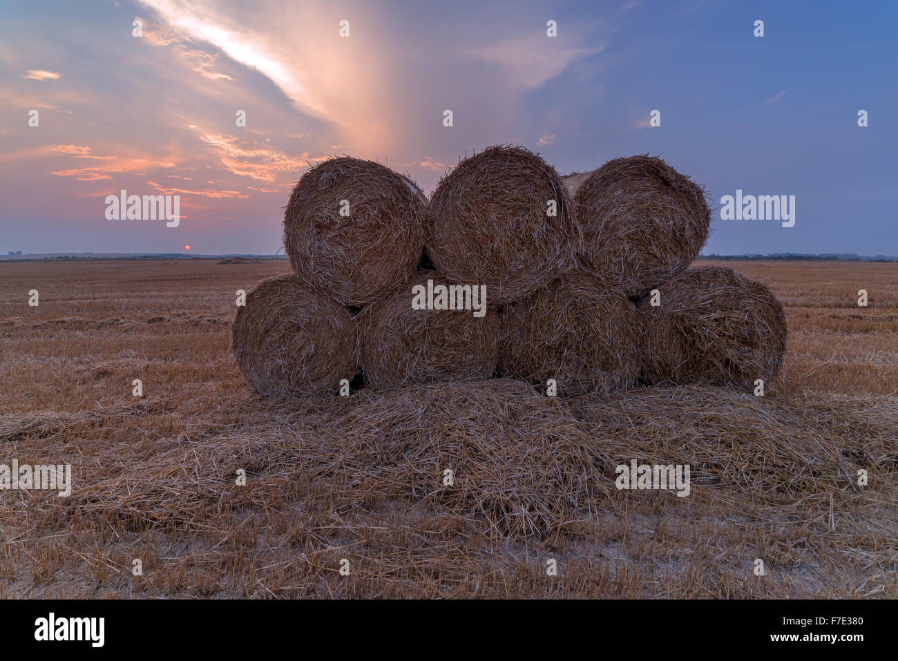 Amazing rural scene on autumn field with straw roles and dramatic evening light. Stock Photo