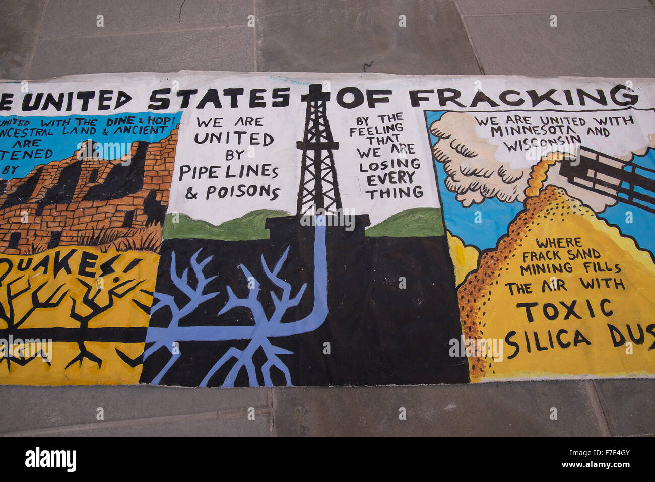 New York, United States. 29th Nov, 2015. A detail of a fracking-themed ...