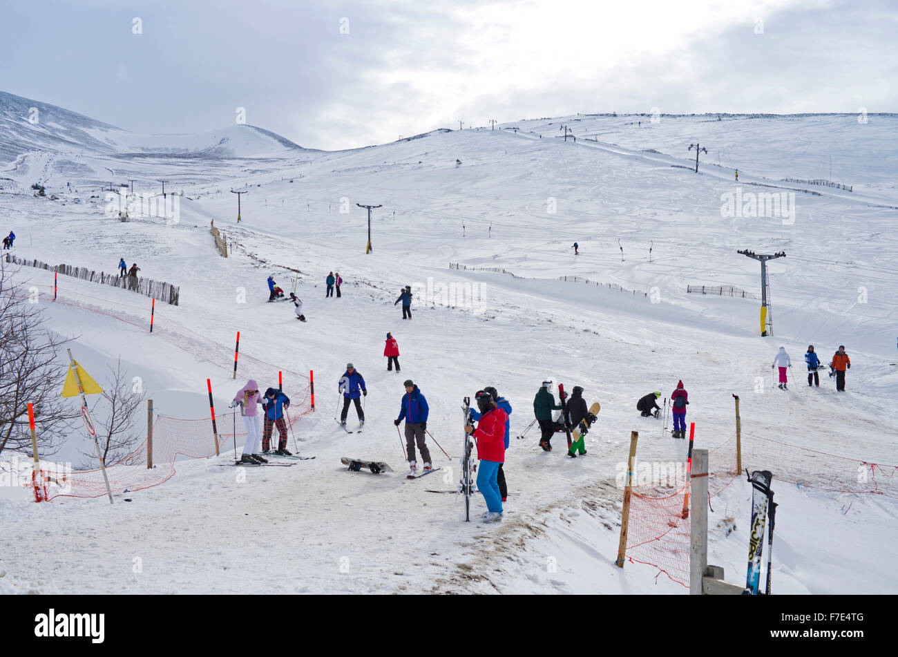 Skiers and snowboarders on the lower slopes of Cairngorm Mountain Ski