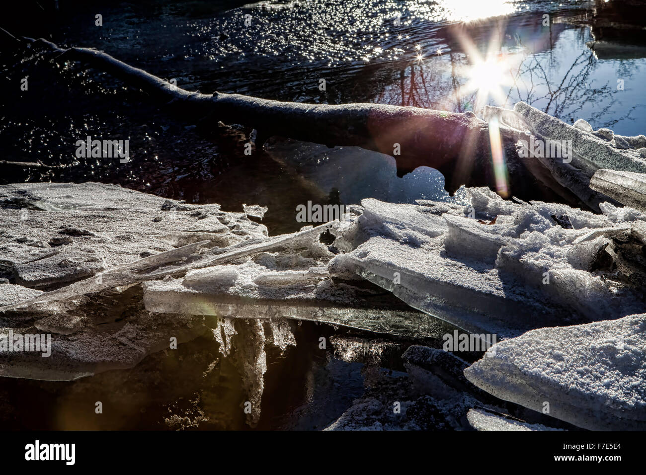 Small magical winter scene near a river with glittering ice. Stock Photo