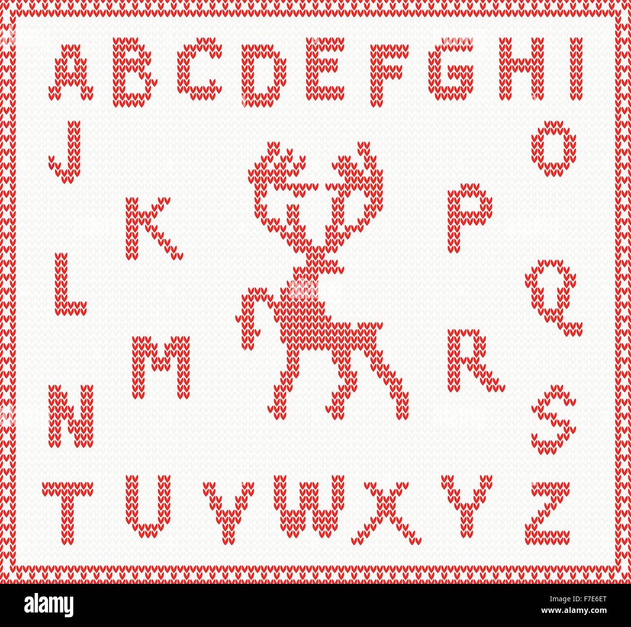 Christmas Knitted Font with Deer in red color. Vector illustration. Christmas concept for banner, placard, billboard or web site Stock Vector