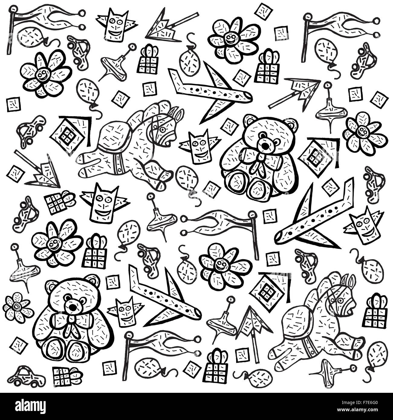 Child pattern with cute toy elements. Vector illustration. Isolated on white background. Concept with teddy bear for children Stock Vector