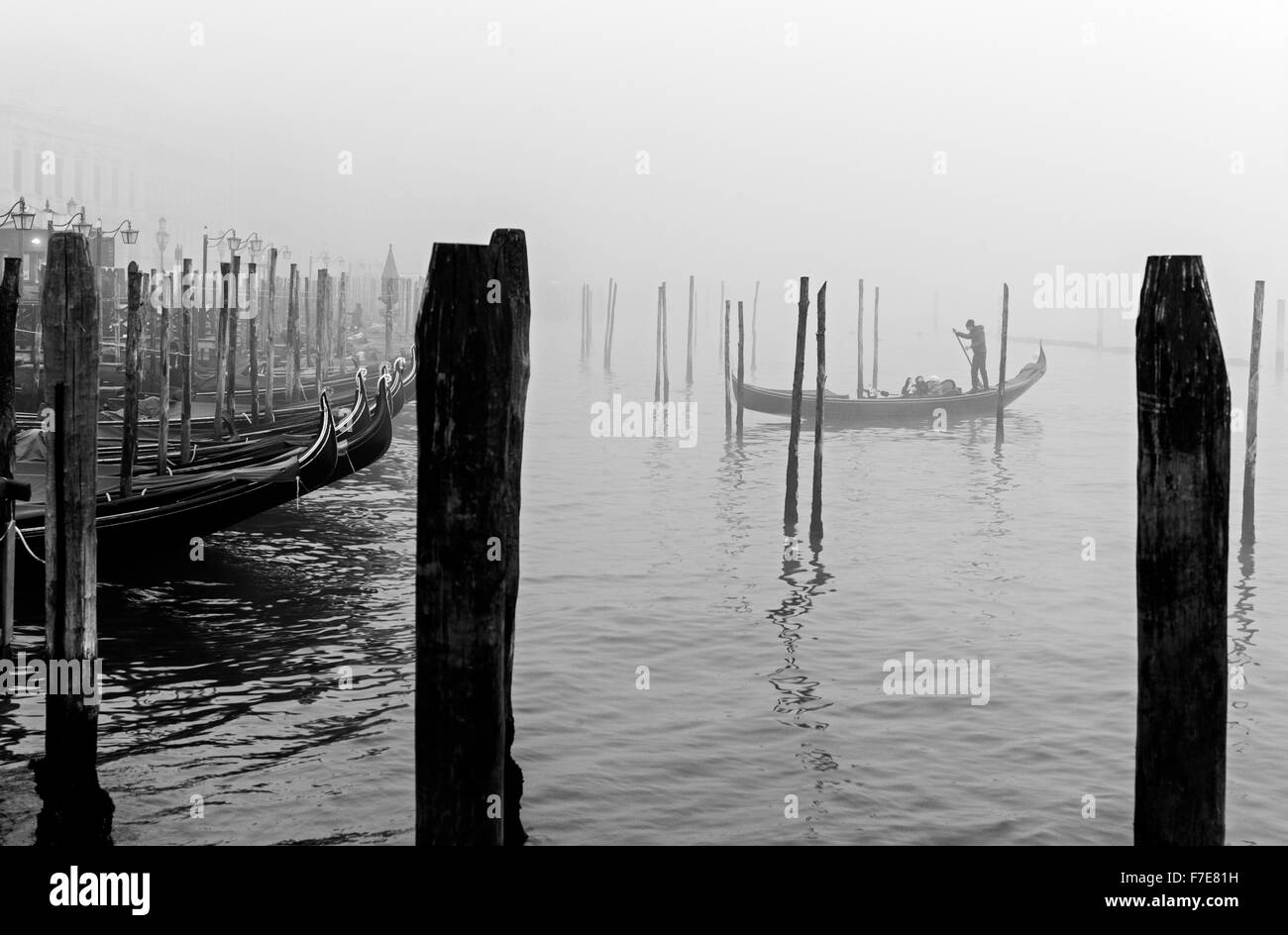 Italy, Venice, a gondolier in Riva Degli Schiavoni in a foggy day Stock Photo