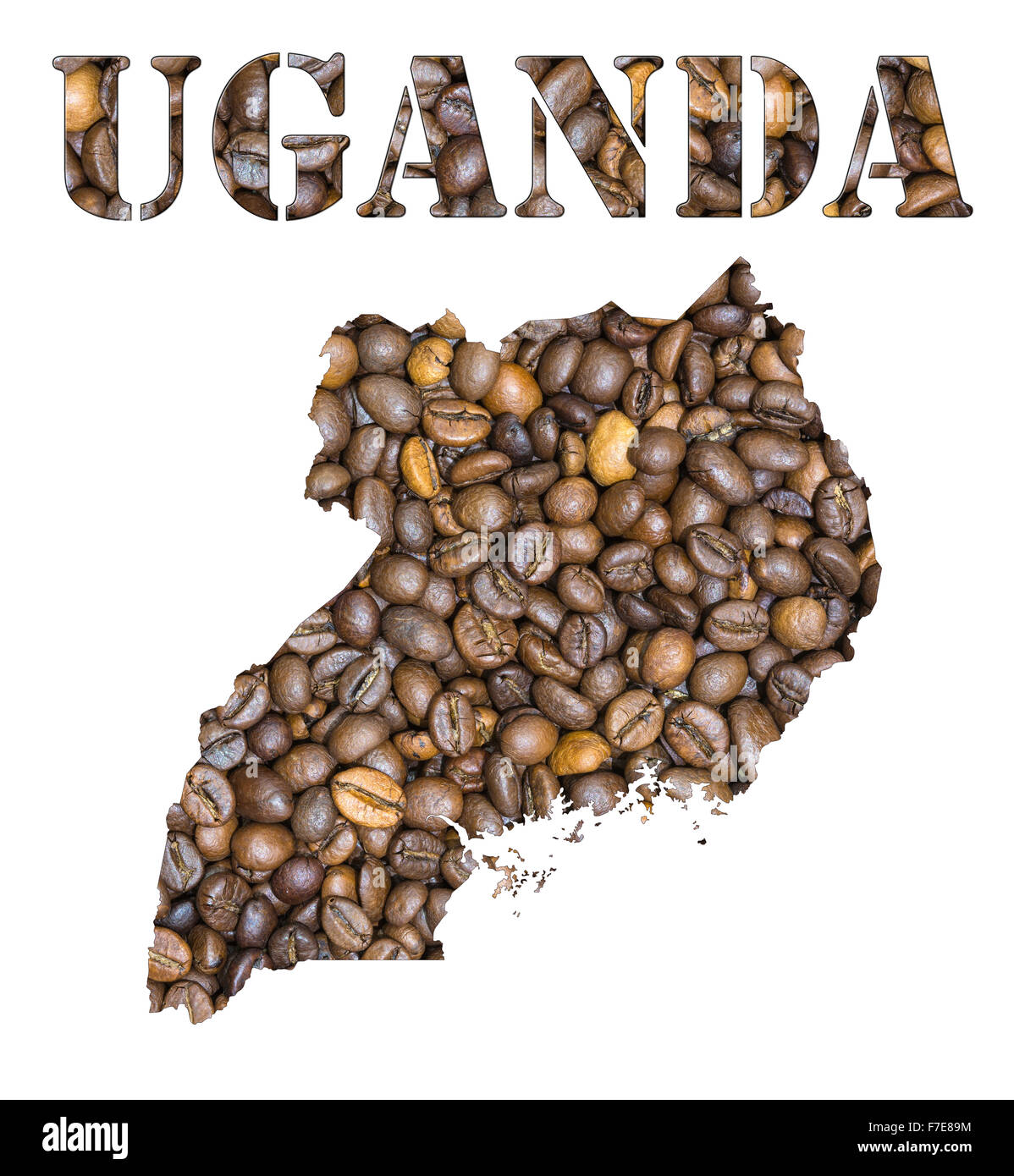 Roasted brown coffee beans background with the shape of the word Uganda and the country geographical map outline. Image isolated Stock Photo