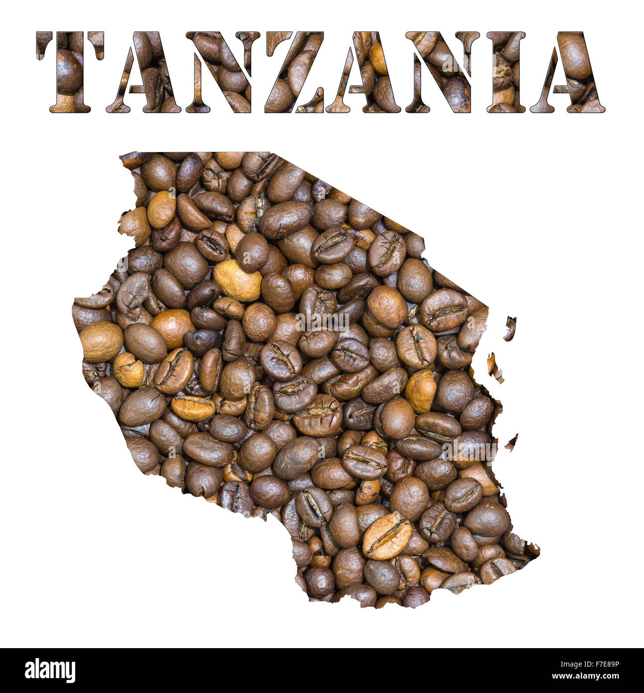 Roasted brown coffee beans background with the shape of the word Tanzania and the country geographical map outline. Image isolat Stock Photo