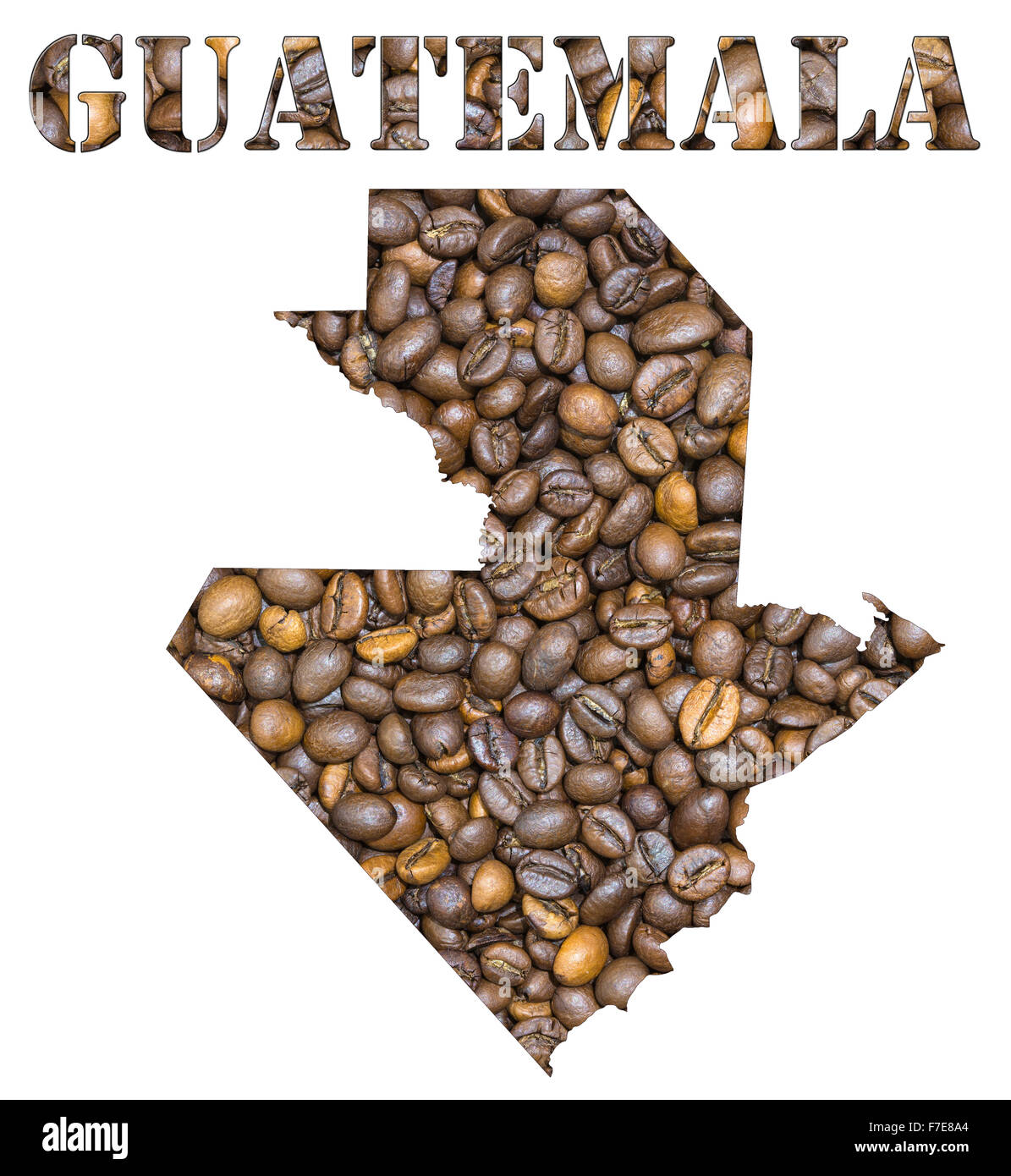 Roasted brown coffee beans background with the shape of the word Guatemala and the country geographical map outline. Image isola Stock Photo