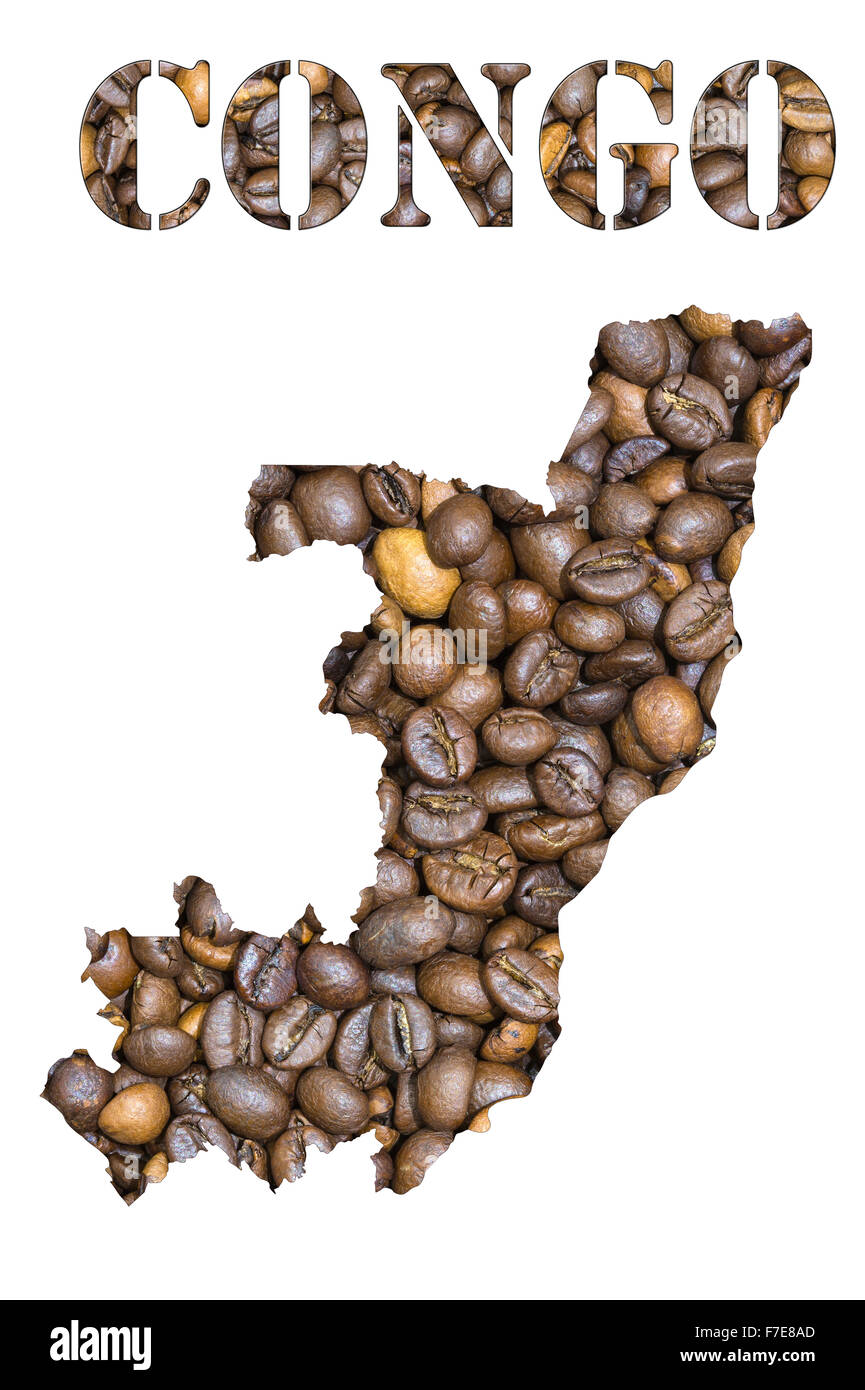 Roasted brown coffee beans background with the shape of the word Congo and the country geographical map outline. Image isolated Stock Photo