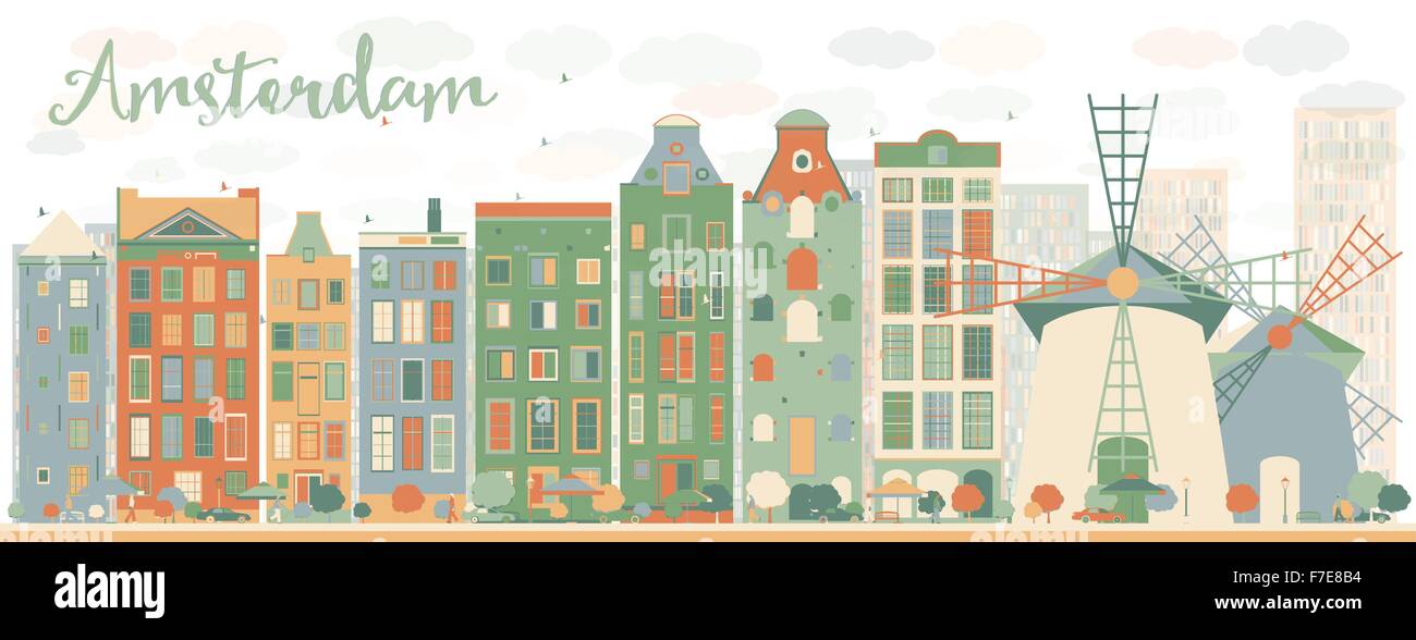 Abstract Amsterdam city skyline with color buildings. Vector ...