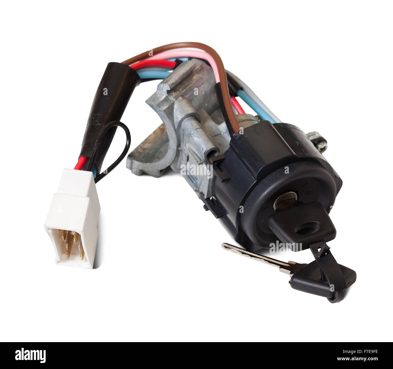 ignition switch with ignition key. Isolated on white background with