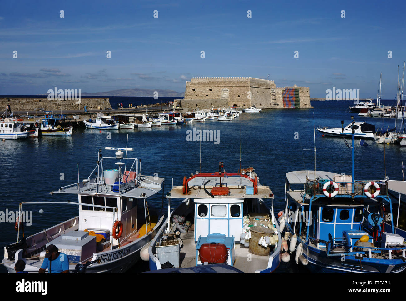 Harbor and Venetian fortress, Heraklion, island Crete, Greece Stock Photo