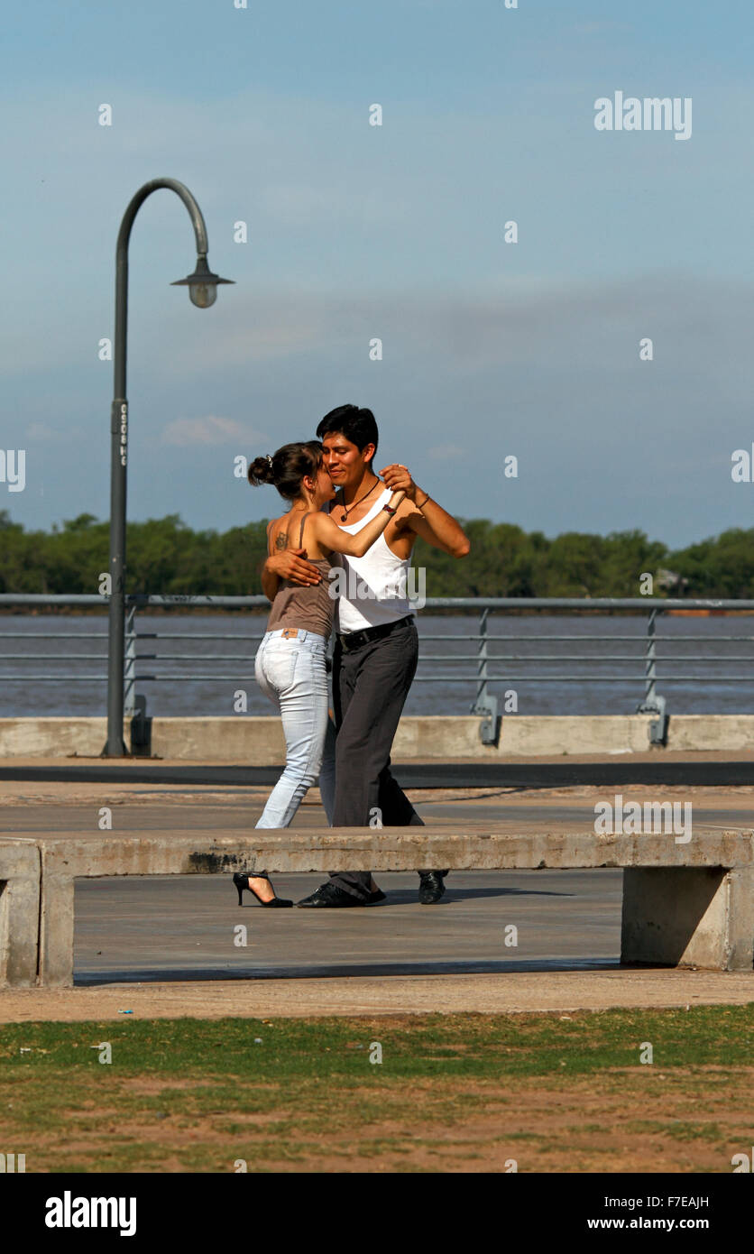 Young Couple practicing the Argentinian Tango in the open air Stock Photo