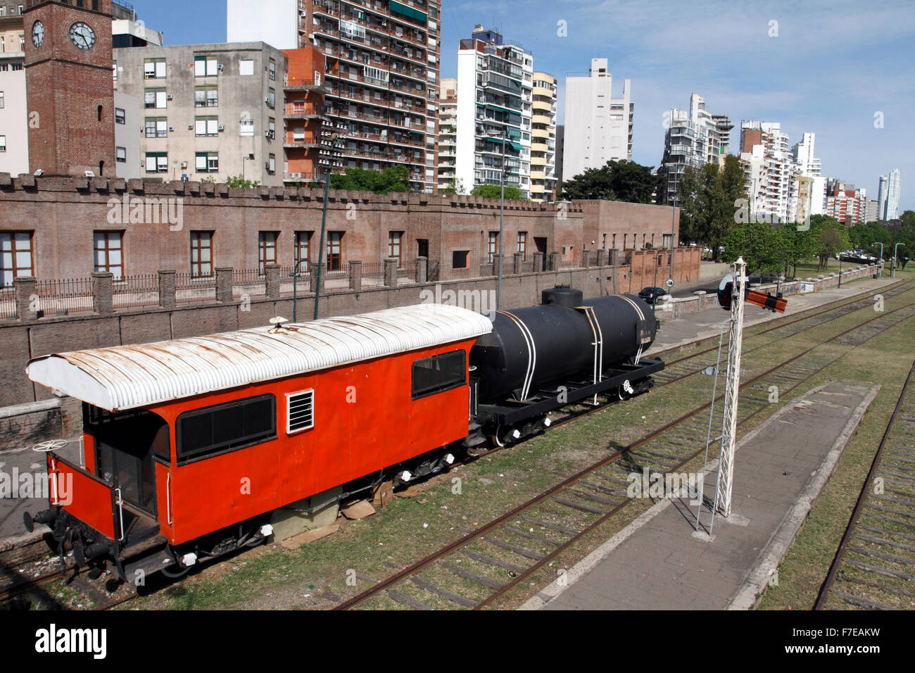 Rosario Central station with brake van and tanker exhibits. Museum Tourist attraction Stock Photo