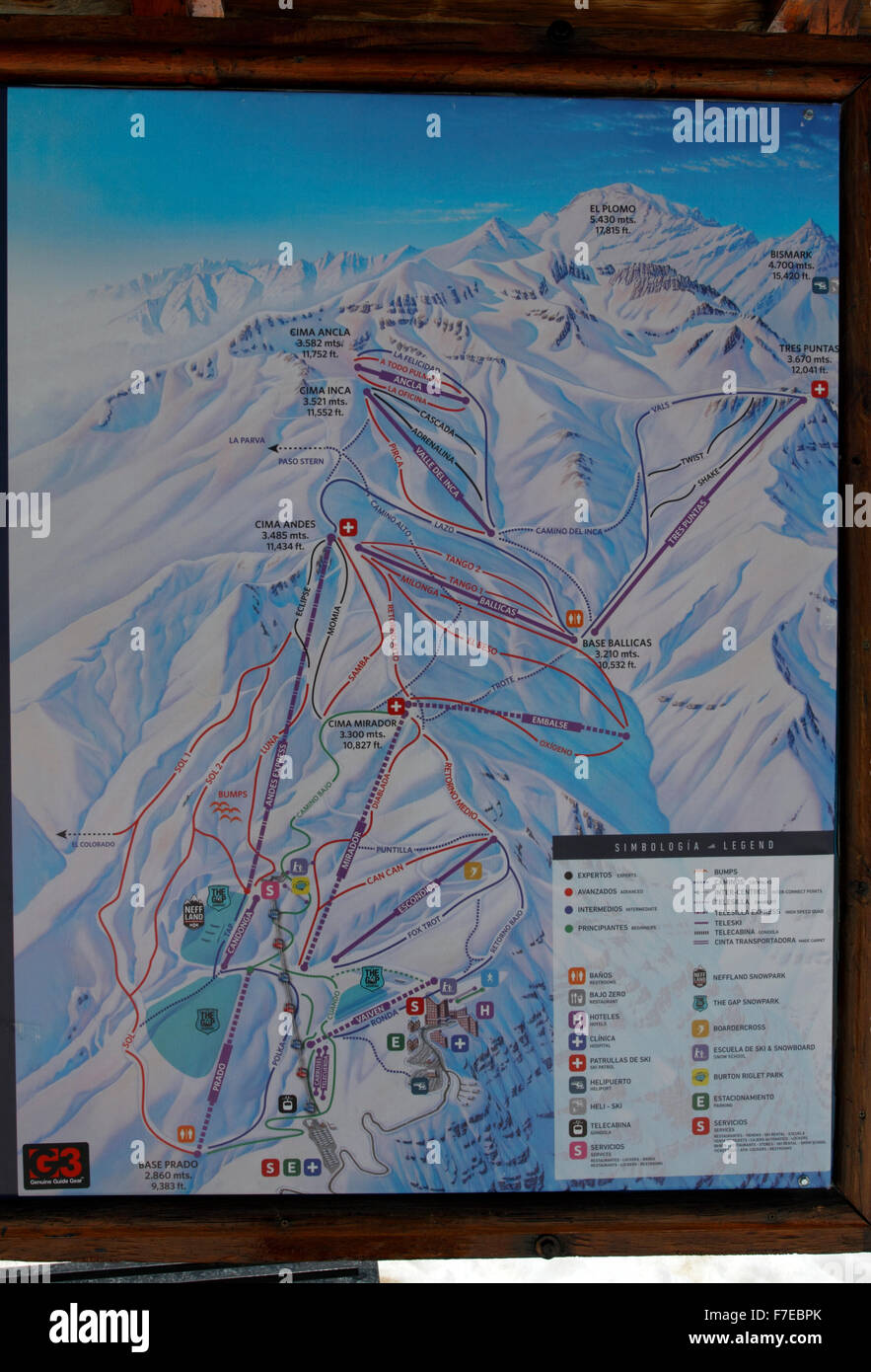 Map of Valle Nevado ski routes and passes, Andes, Chile. Stock Photo