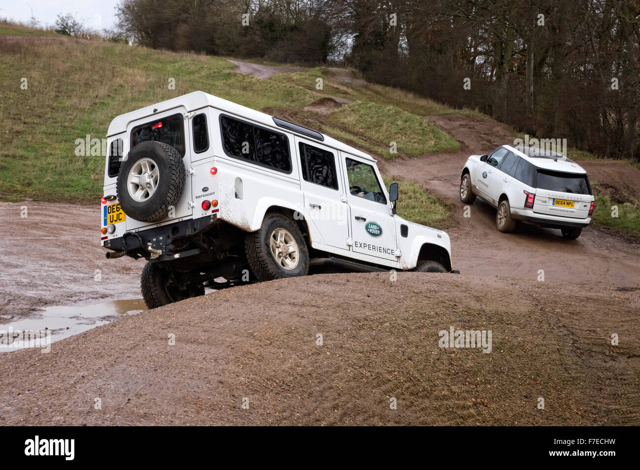 Land Rover Defender 110 and Range Rover off roading on the Land Rover Experience driving coarse Luton Hoo Bedfordshire UK Stock Photo