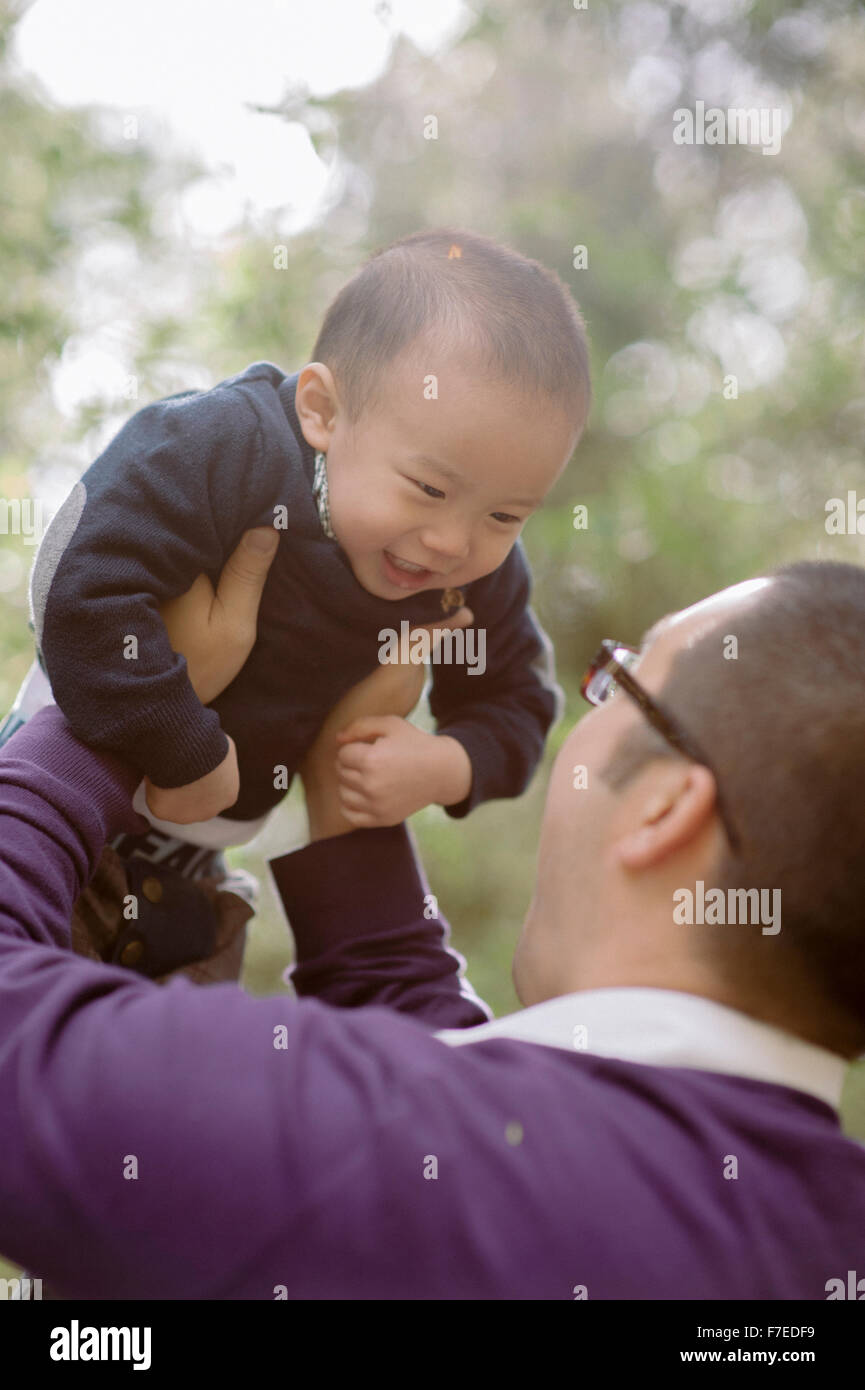 USA, Father holding aloft son (2-3) in park Stock Photo