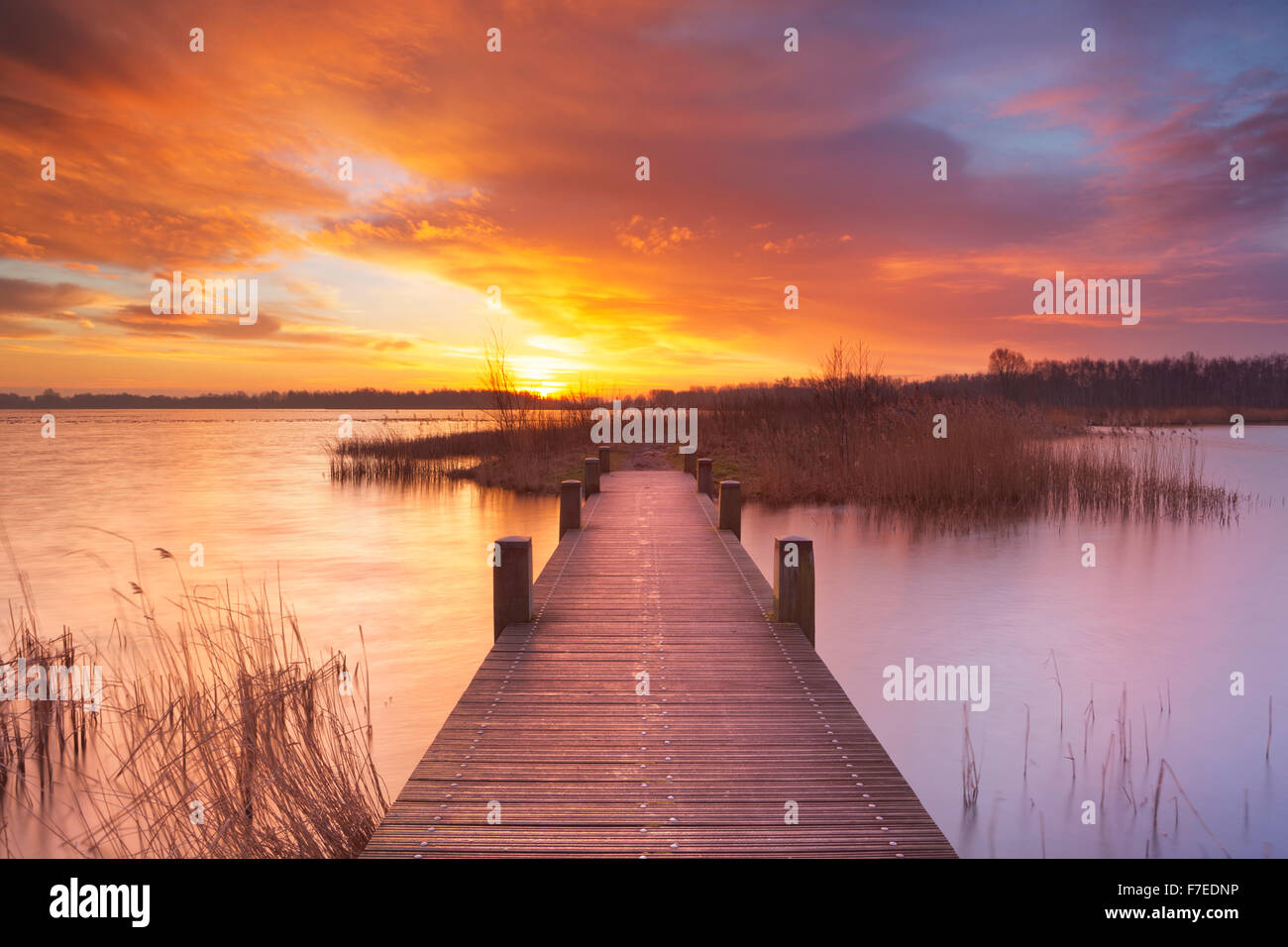 Spectacular sunrise over a lake near Amsterdam in The Netherlands. Stock Photo