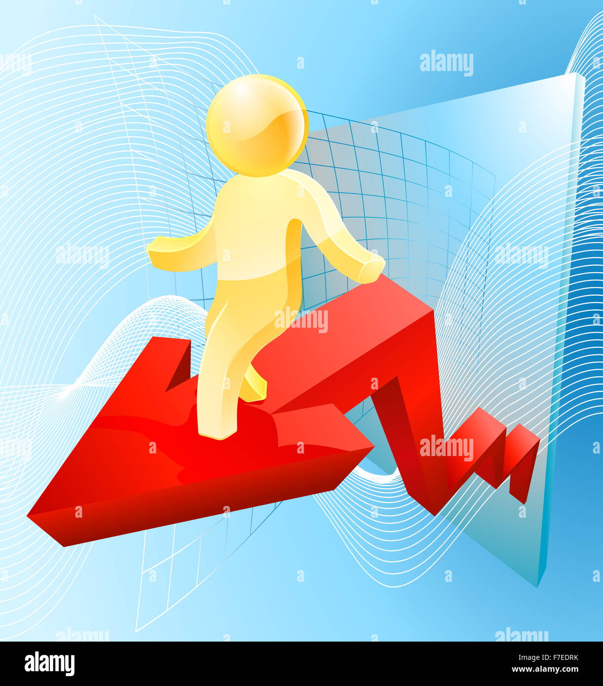 Business concept of a gold man riding an arrow like that on a graph showing growth or profit Stock Photo