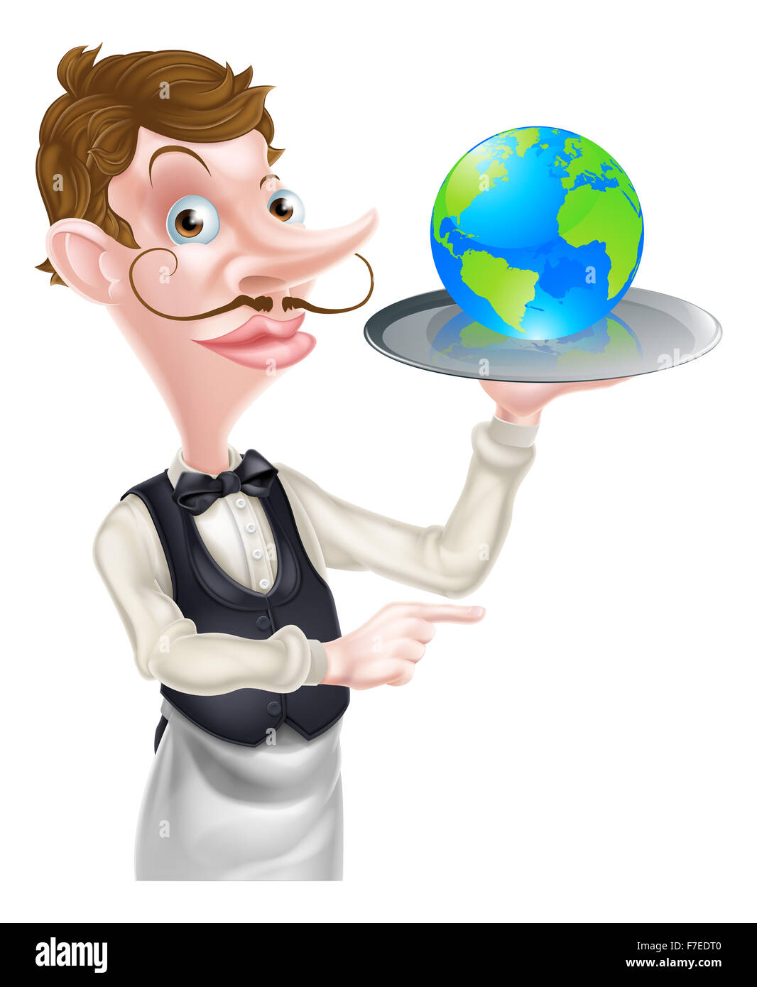 A cartoon waiter pointing and holding a tray with a world globe on it. could be a concept for world food Stock Photo