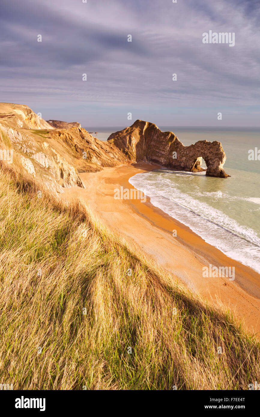 The Durdle Door rock arch on the Dorset Coast in Southern England, photographed from above. Stock Photo