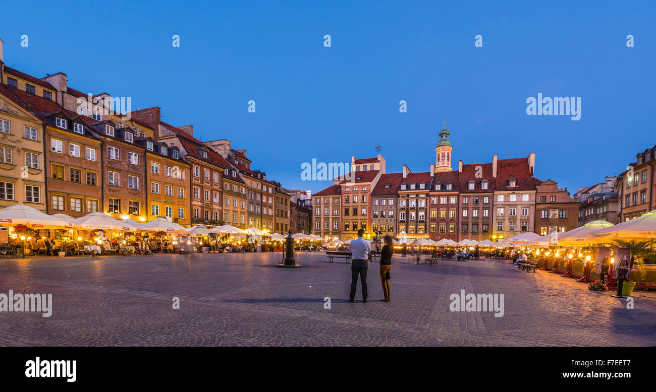 Marketplace, restaurants, historic centre at dusk, Warsaw, Mazovia, Poland Stock Photo
