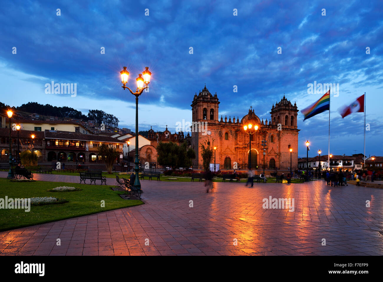 Cathedral at dusk, Plaza de Armas, Cusco Province, Cusco Province, Peru Stock Photo