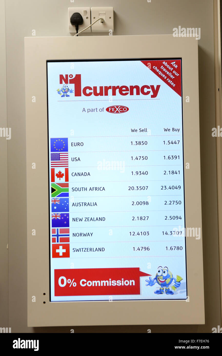No 1 Currency Exchange shop , Crompton Place Shopping Centre , Bolton. Exchange rate board. Stock Photo