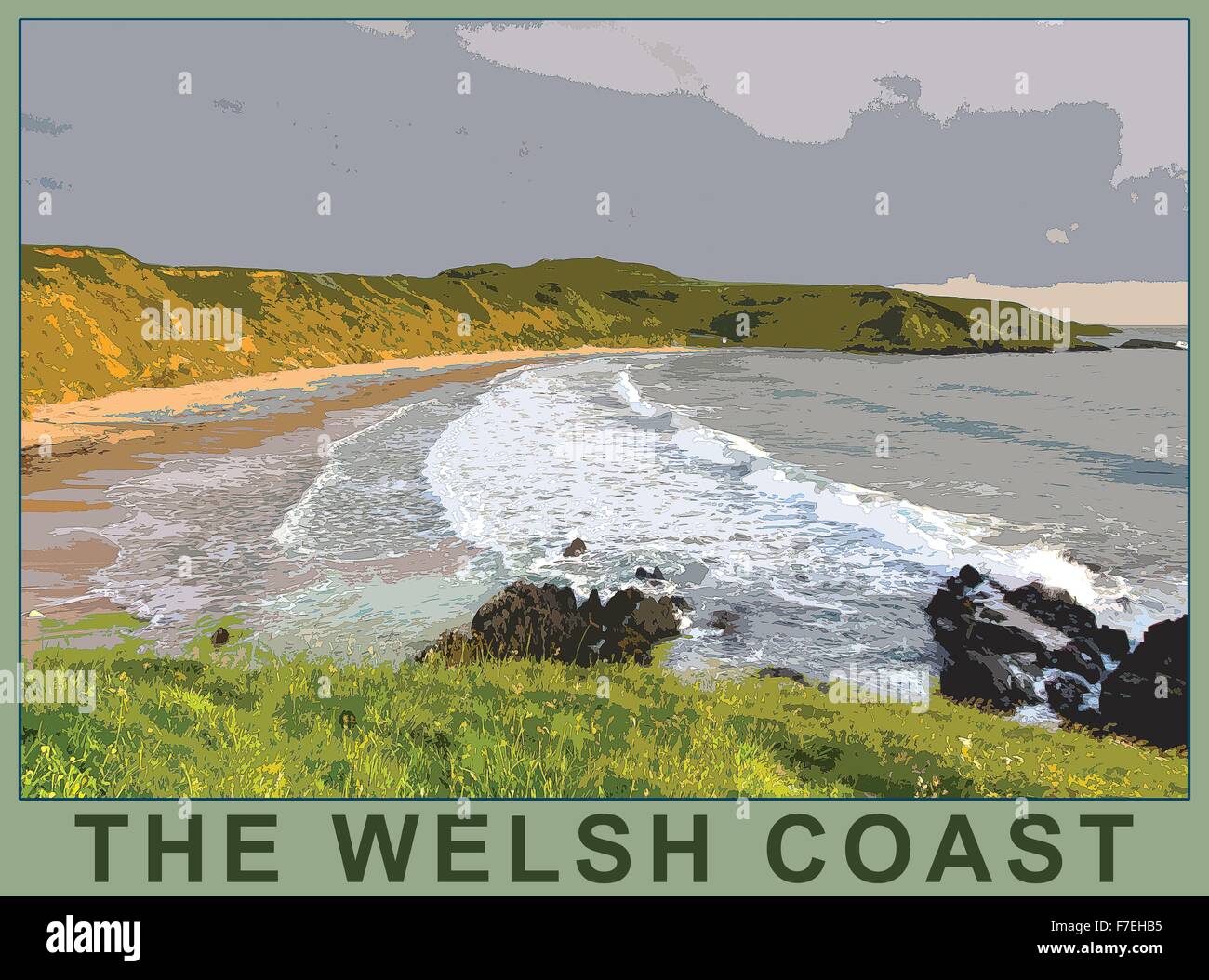 A poster style illustration from a photograph of Whistling Sands in the Llyn Peninsula, Gwynedd, Wales UK Stock Photo