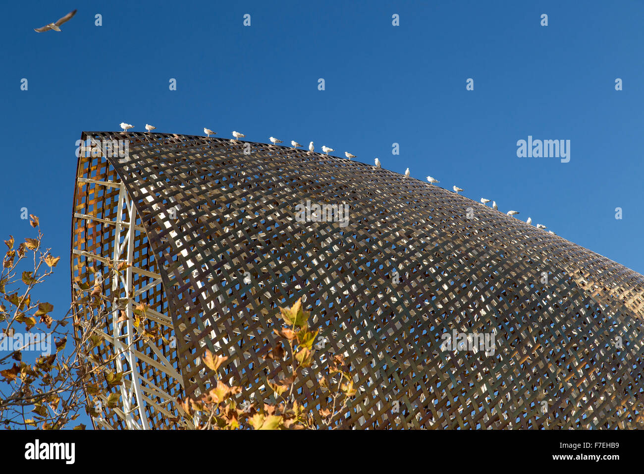Whale sculpture in Barcelona at the Olympic Port - symbolic open wire frame. Stock Photo