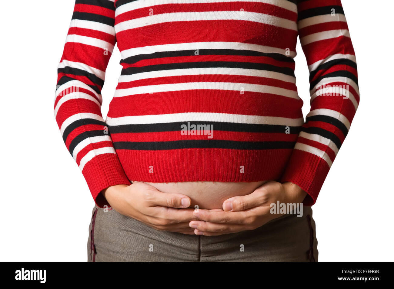 Belly of 9 months pregnant woman over white stock photo alamy