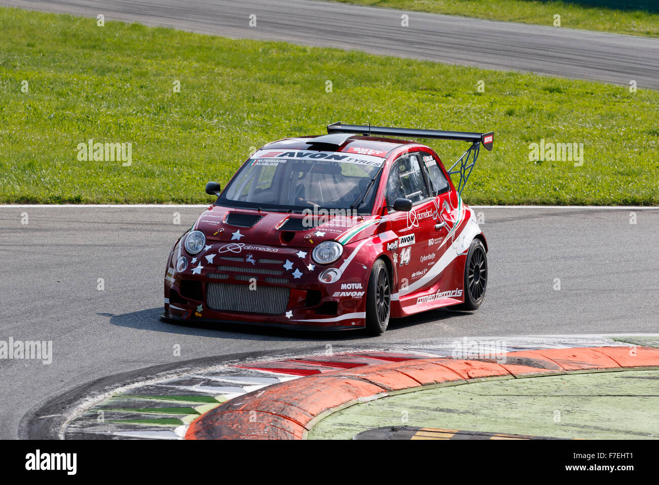Monza, Italy - May 30, 2015: Fiat 500 Abarth of ROMEO FERRARIS team, driven by MILANI Matteo - FERRARIS Mario during the C.I. Turismo Endurance - Race in Autodromo Nazionale di Monza Circuit on May 30, 2015 in Monza, Italy. Stock Photo