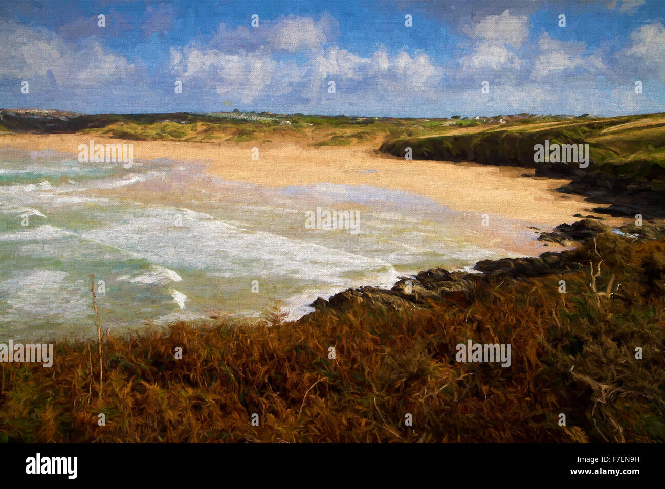 Crantock bay and beach North Cornwall England UK near Newquay with waves and clouds in autumn illustration like oil painting Stock Photo