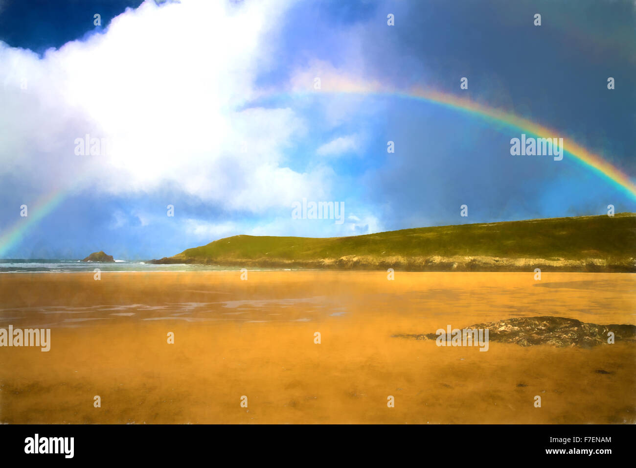 Rainbow at the beach with island sand and sea Crantock Newquay Cornwall UK like water colour Stock Photo