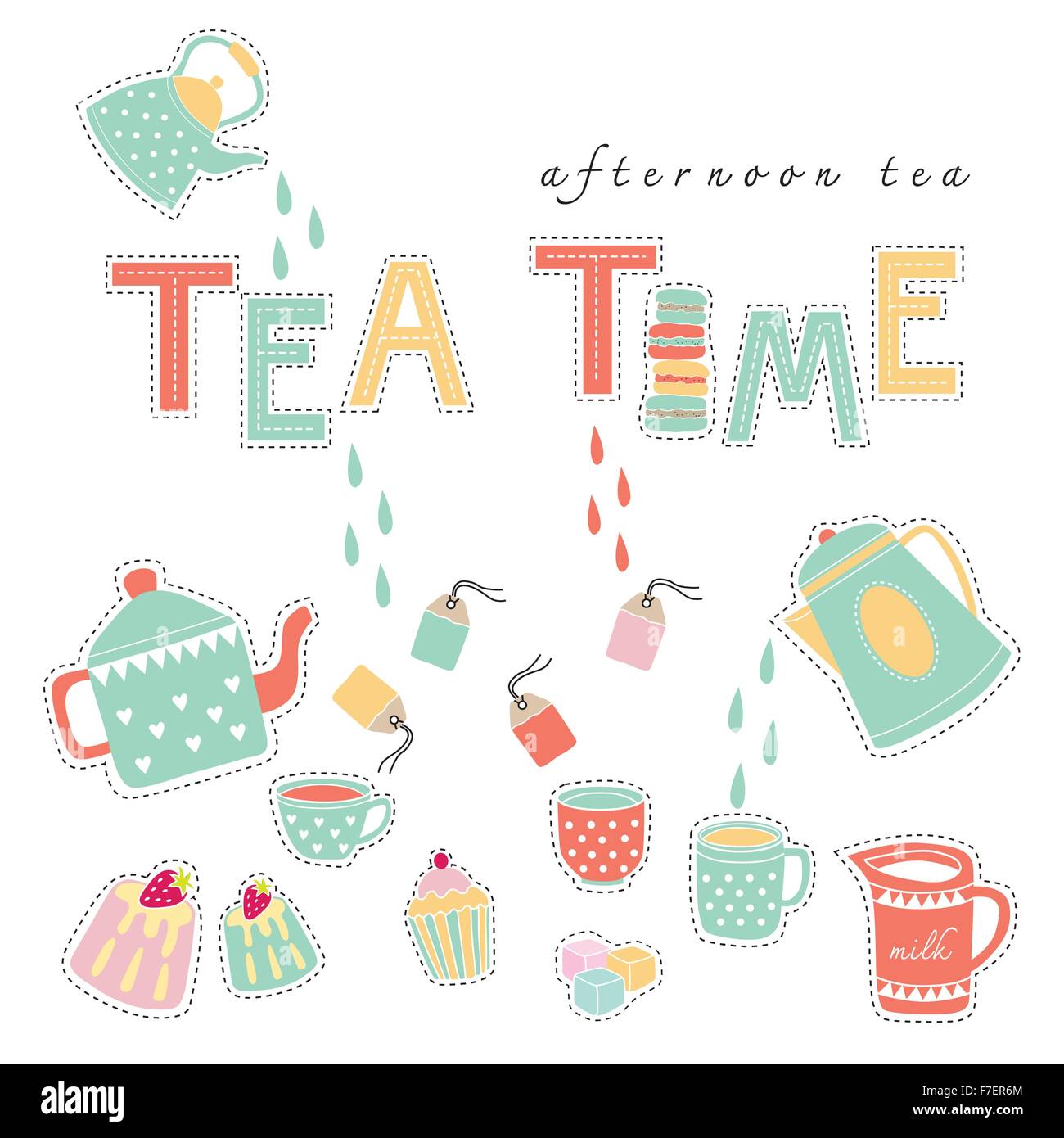 Tea time afternoon tea doodle illustration pastel color vector on white background teapot, tea cup, tea bag, cake Stock Vector
