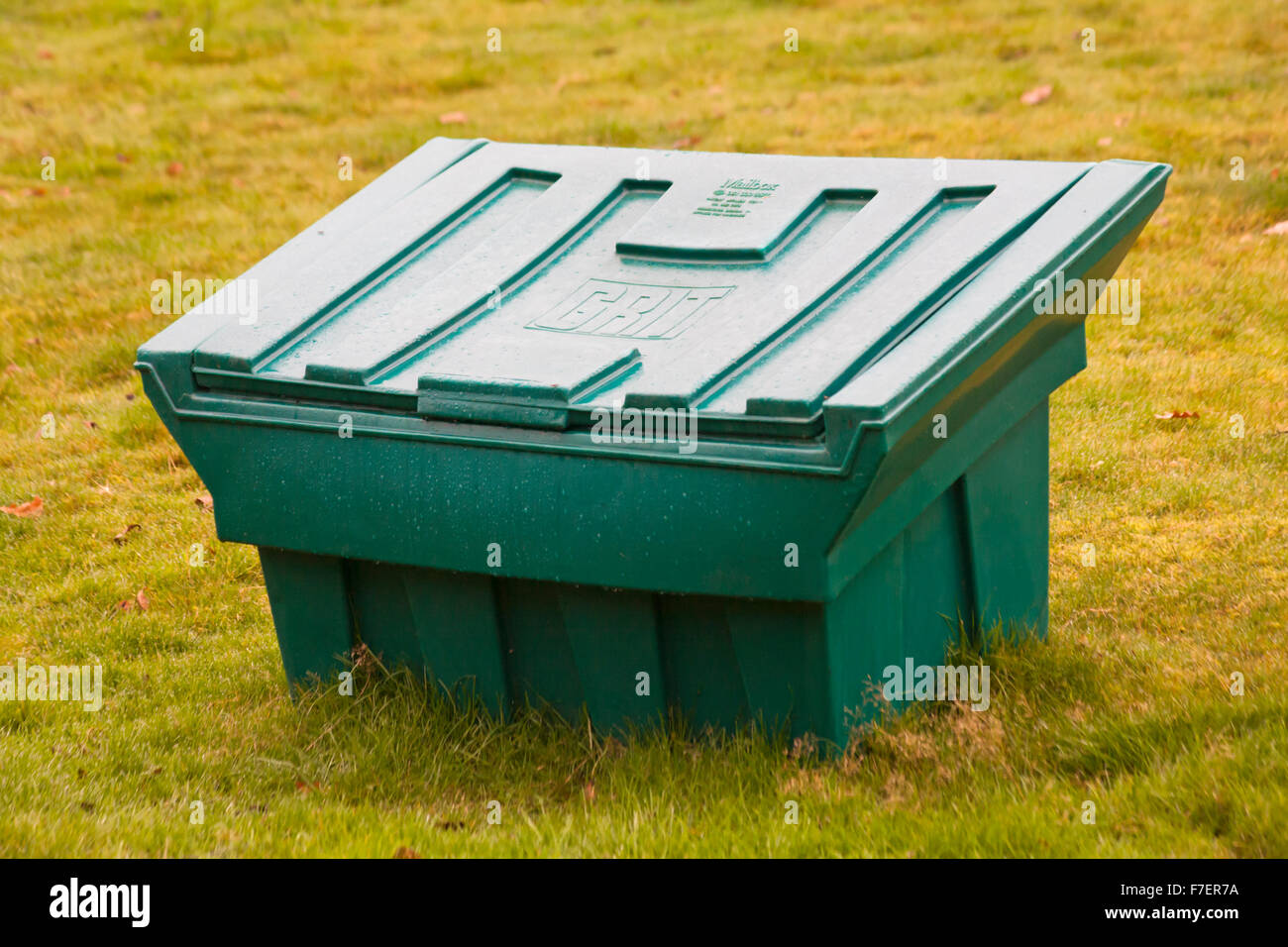 Grit containers at Elan village in Elan Valley, Powys, Mid Wales, UK in November Stock Photo