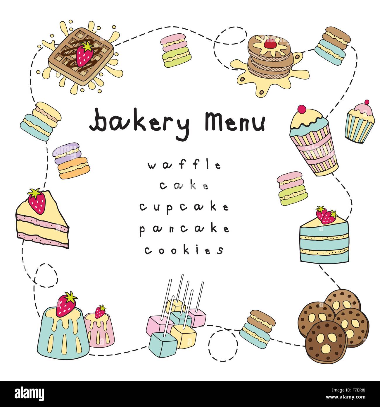 Bakery doodle menu bakery white background and pastel colors Stock