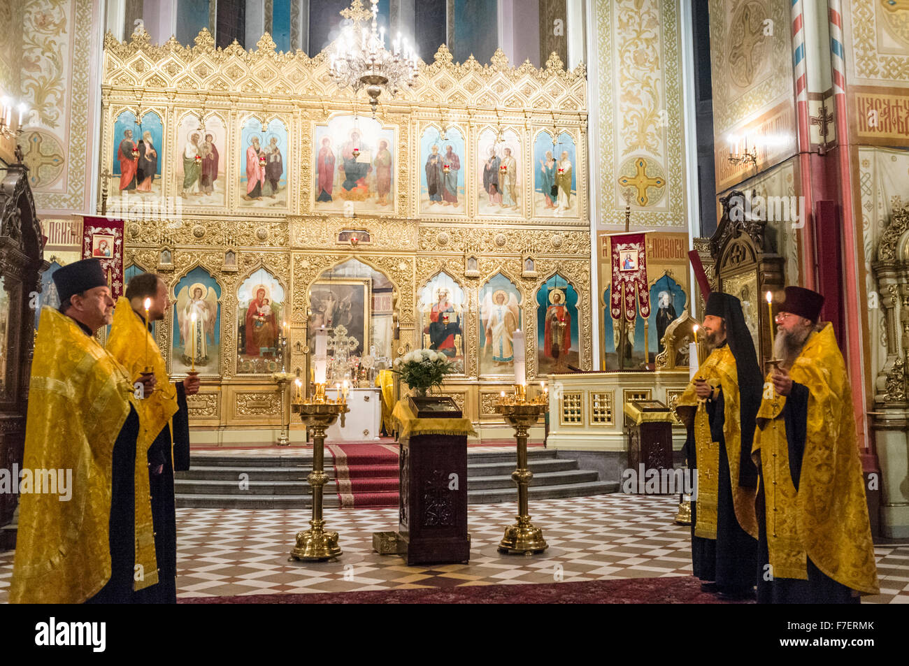 Orthodox priests inside Alexander Nevsky Cathedral. Tallinn, Estonia Stock Photo