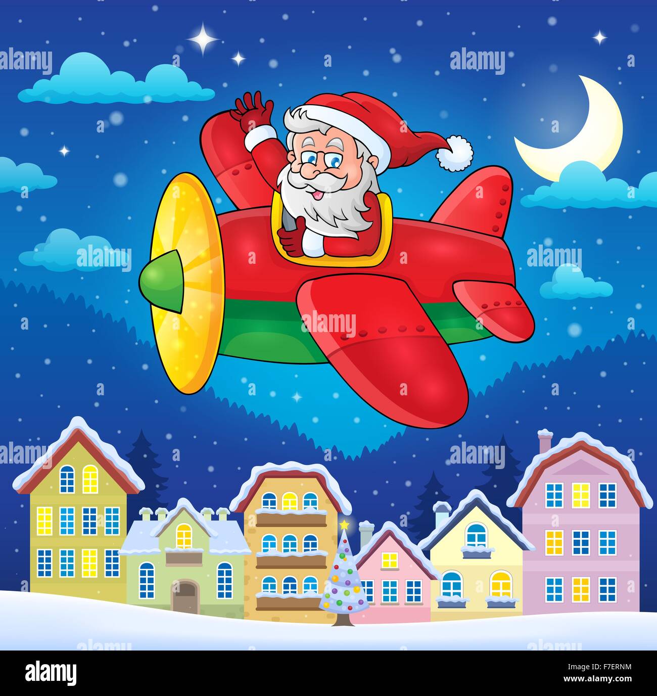 Christmas town with Santa Claus in plane picture illustration Stock Image