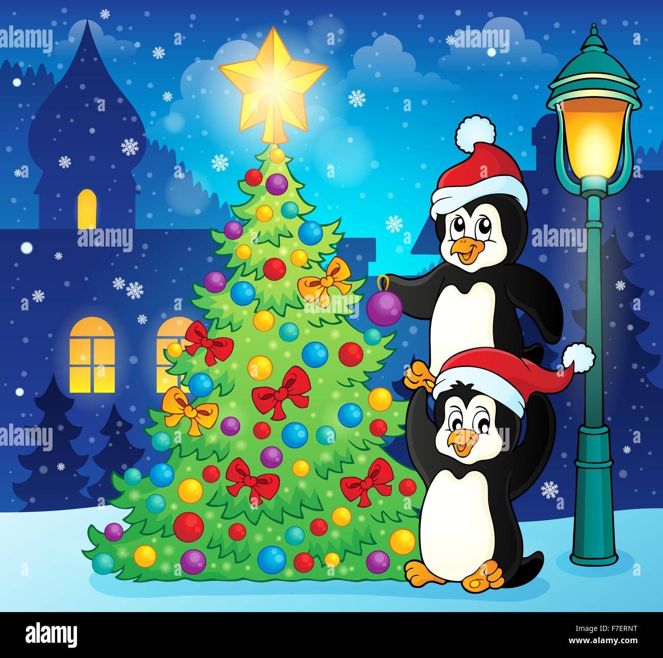 Penguins near Christmas tree theme 3 picture illustration Stock Photo