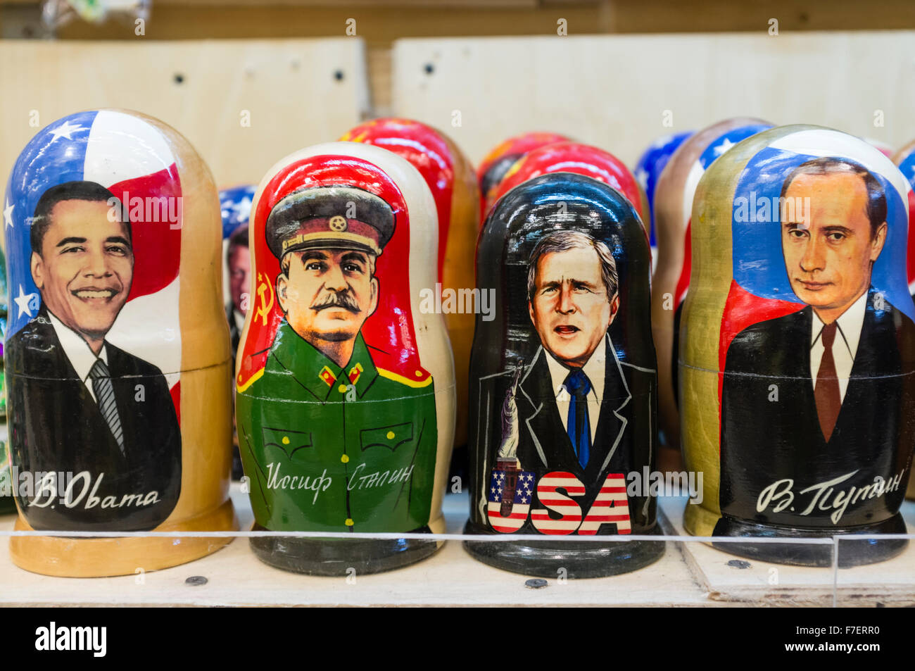 Several international politicians depicted in matryoshka form at a souvenirs shop in Tallinn, Estonia Stock Photo
