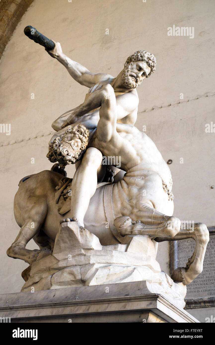 Hercules and the Centaur by Giambologna (1524-1608) wth the help of Pietro Francavilla (1546-1615) marble Loggia della Signoria - Firenze, Italy Stock Photo