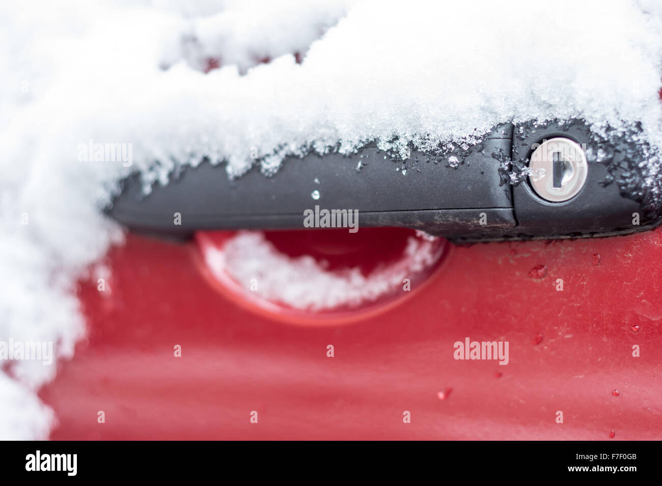 Single Red Car Door Handle Covered In Fresh Snow The Key