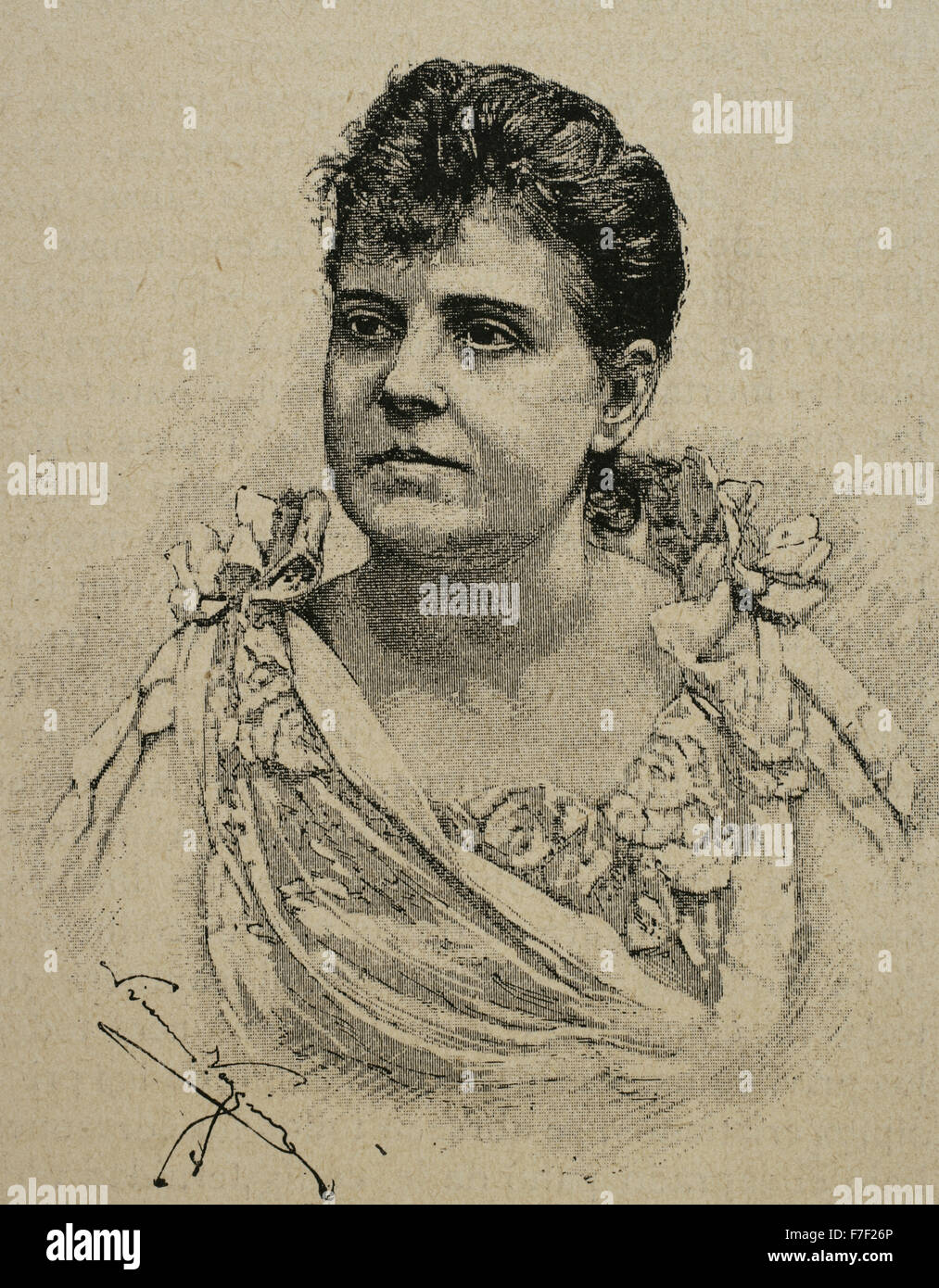 Carlota de Mena  Zamora (1845-1902). Catalan actress. Portrait. Engraving by N.Vazquez. La Ilustración. Revista Hispano-Americana, 1890 Stock Photo