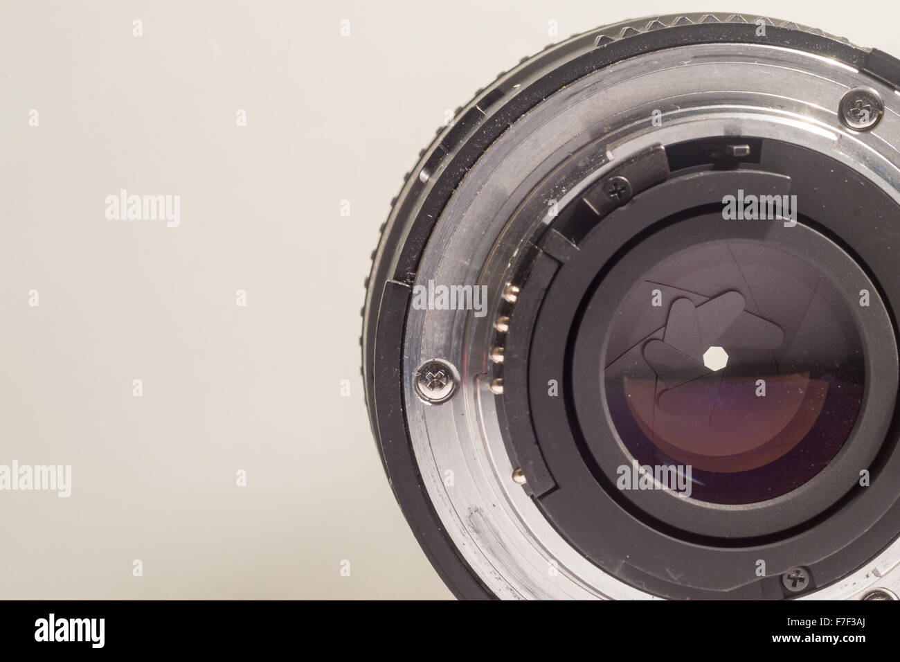 Closeup image of the rear end of a camera lens showing diaphragms and