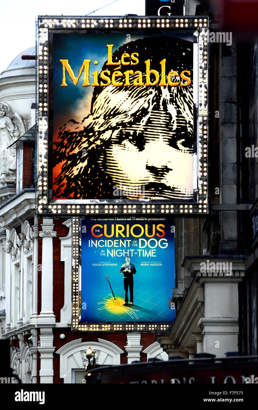 London, England, UK. Theatres on Shaftesbury Avenue - Les Miserables and The Curious Incident of the Dog In The Night-time Stock Photo